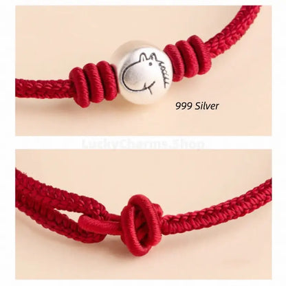 999 Silver Chinese Zodiac Fortune-turning Bead Braided Red Hand Rope | Adjustable, Cute Chinese Style, Zodiac Year Guardian-LuckyCharms.Shop