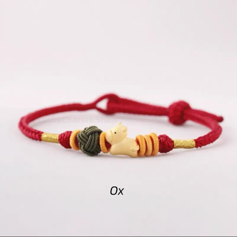 925 Silver Chinese Zodiac Gold-Silver Dual-Color Bead Braided Red Cotton Hand Rope | Adjustable, Cute Chinese Style-LuckyCharms.Shop