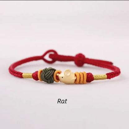925 Silver Chinese Zodiac Gold-Silver Dual-Color Bead Braided Red Cotton Hand Rope | Adjustable, Cute Chinese Style-LuckyCharms.Shop