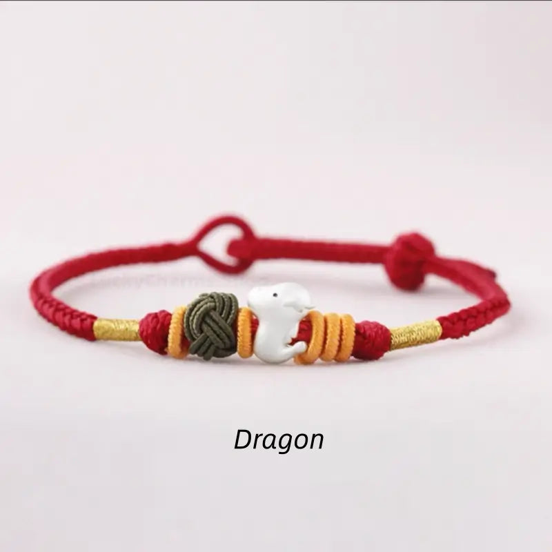 925 Silver Chinese Zodiac Gold-Silver Dual-Color Bead Braided Red Cotton Hand Rope | Adjustable, Cute Chinese Style-LuckyCharms.Shop