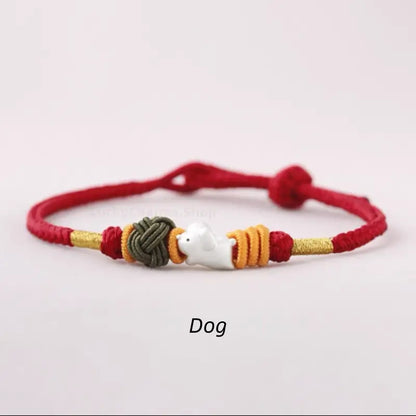 925 Silver Chinese Zodiac Gold-Silver Dual-Color Bead Braided Red Cotton Hand Rope | Adjustable, Cute Chinese Style-LuckyCharms.Shop