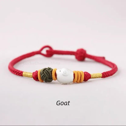 925 Silver Chinese Zodiac Gold-Silver Dual-Color Bead Braided Red Cotton Hand Rope | Adjustable, Cute Chinese Style-LuckyCharms.Shop