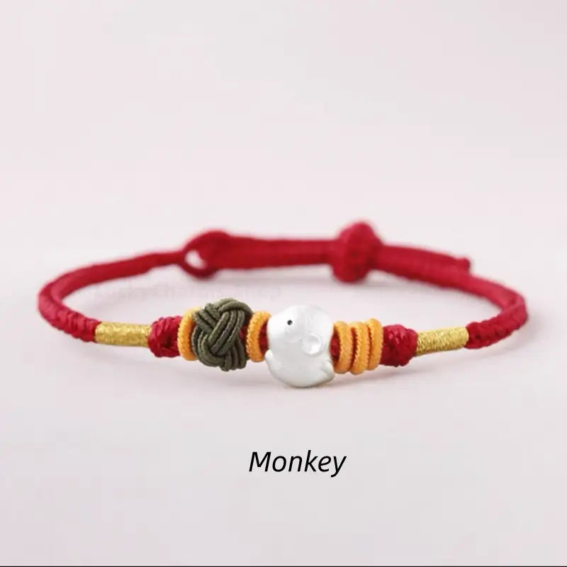 925 Silver Chinese Zodiac Gold-Silver Dual-Color Bead Braided Red Cotton Hand Rope | Adjustable, Cute Chinese Style-LuckyCharms.Shop