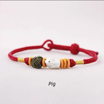 925 Silver Chinese Zodiac Gold-Silver Dual-Color Bead Braided Red Cotton Hand Rope | Adjustable, Cute Chinese Style-LuckyCharms.Shop