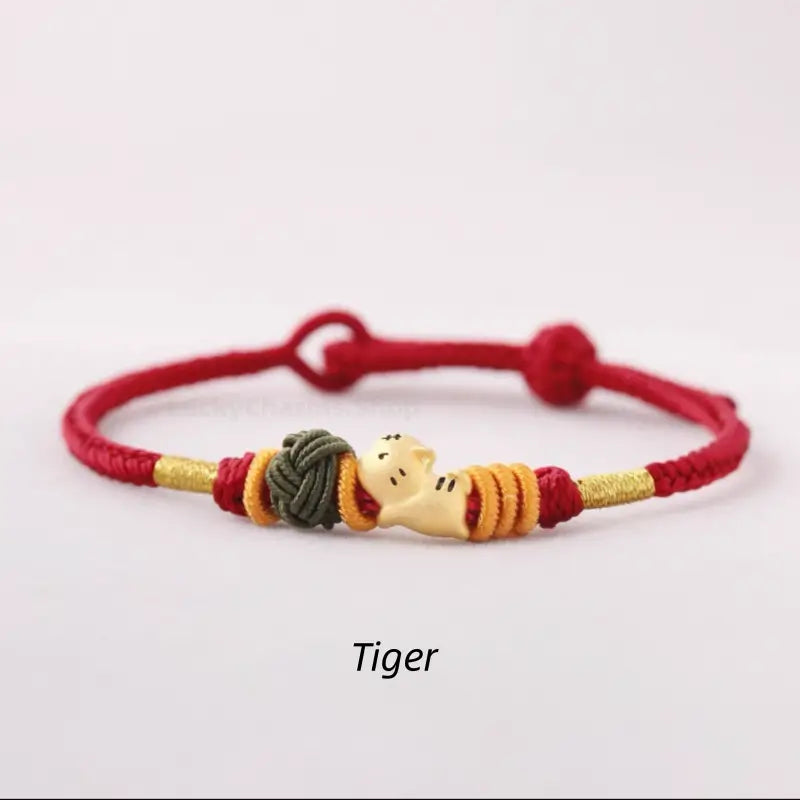 925 Silver Chinese Zodiac Gold-Silver Dual-Color Bead Braided Red Cotton Hand Rope | Adjustable, Cute Chinese Style-LuckyCharms.Shop