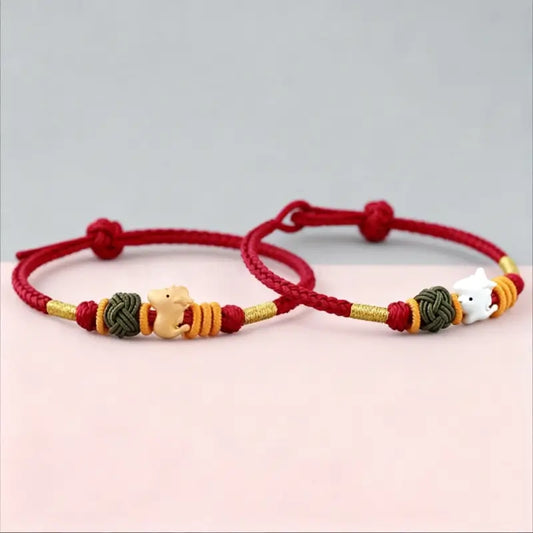 925 Silver Chinese Zodiac Gold-Silver Dual-Color Bead Braided Red Cotton Hand Rope | Adjustable, Cute Chinese Style