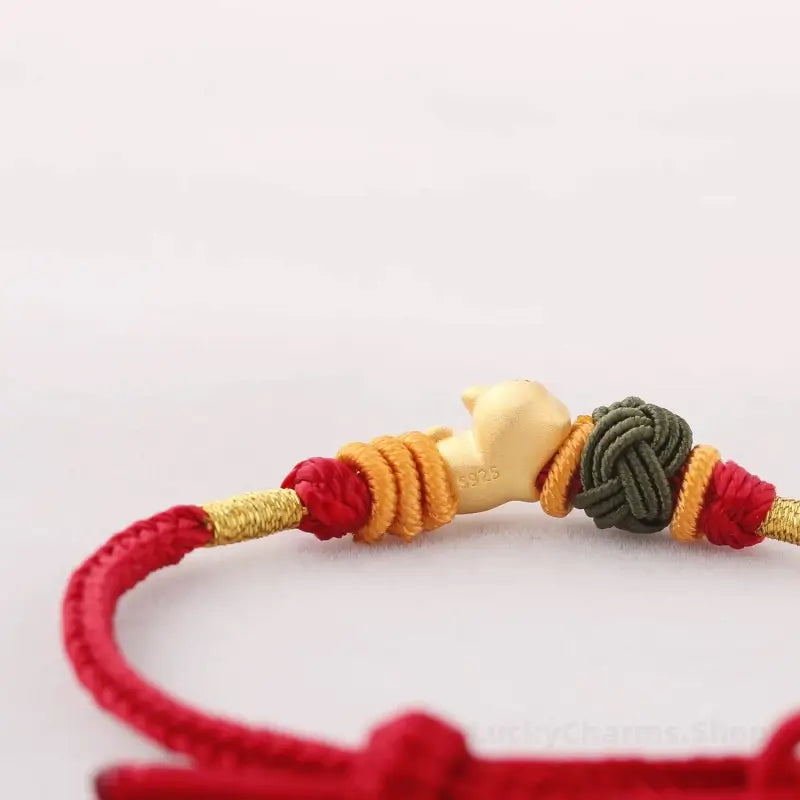 925 Silver Chinese Zodiac Gold-Silver Dual-Color Bead Braided Red Cotton Hand Rope | Adjustable, Cute Chinese Style-LuckyCharms.Shop