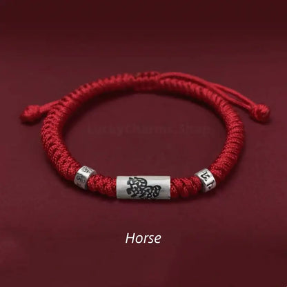 925 Sterling Silver Zodiac Lu Lu Tong (Smooth Progress) Six-Syllable Mantra Red Bracelet | Adjustable-LuckyCharms.Shop