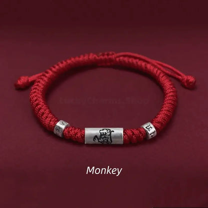 925 Sterling Silver Zodiac Lu Lu Tong (Smooth Progress) Six-Syllable Mantra Red Bracelet | Adjustable-LuckyCharms.Shop