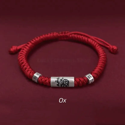 925 Sterling Silver Zodiac Lu Lu Tong (Smooth Progress) Six-Syllable Mantra Red Bracelet | Adjustable-LuckyCharms.Shop