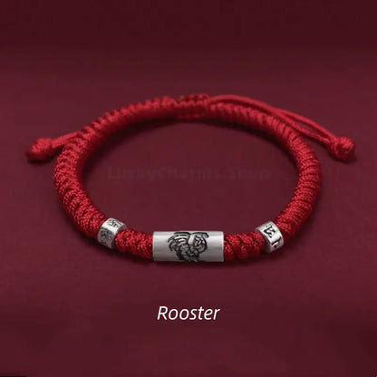 925 Sterling Silver Zodiac Lu Lu Tong (Smooth Progress) Six-Syllable Mantra Red Bracelet | Adjustable-LuckyCharms.Shop