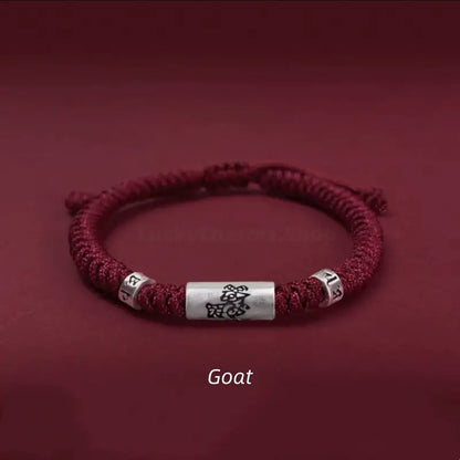 925 Sterling Silver Zodiac Lu Lu Tong (Smooth Progress) Six-Syllable Mantra Dark Red Bracelet | Adjustable, Sophisticated Texture-LuckyCharms.Shop