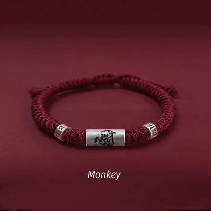 925 Sterling Silver Zodiac Lu Lu Tong (Smooth Progress) Six-Syllable Mantra Dark Red Bracelet | Adjustable, Sophisticated Texture-LuckyCharms.Shop