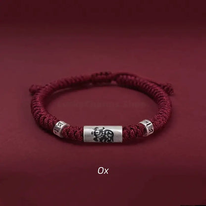 925 Sterling Silver Zodiac Lu Lu Tong (Smooth Progress) Six-Syllable Mantra Dark Red Bracelet | Adjustable, Sophisticated Texture-LuckyCharms.Shop