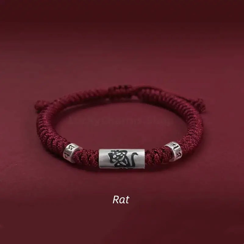 925 Sterling Silver Zodiac Lu Lu Tong (Smooth Progress) Six-Syllable Mantra Dark Red Bracelet | Adjustable, Sophisticated Texture-LuckyCharms.Shop