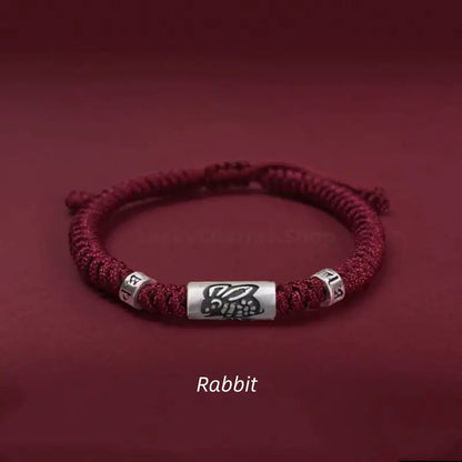 925 Sterling Silver Zodiac Lu Lu Tong (Smooth Progress) Six-Syllable Mantra Dark Red Bracelet | Adjustable, Sophisticated Texture-LuckyCharms.Shop