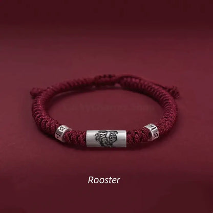 925 Sterling Silver Zodiac Lu Lu Tong (Smooth Progress) Six-Syllable Mantra Dark Red Bracelet | Adjustable, Sophisticated Texture-LuckyCharms.Shop