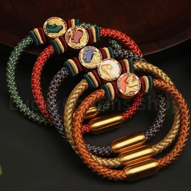 925 Silver Five Auspicious Beasts Braided Bracelet for Wealth Success Wisdom Luck-LuckyCharms.Shop