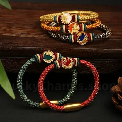 925 Silver Five Auspicious Beasts Braided Bracelet for Wealth Success Wisdom Luck-LuckyCharms.Shop
