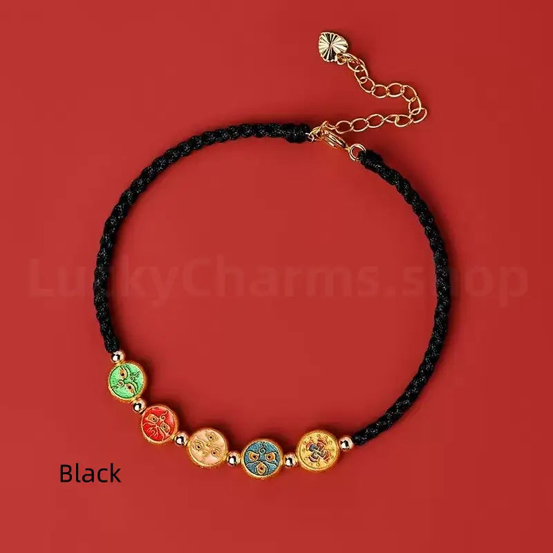 925 Silver Tibetan Five Directions Wealth Gods Blessing Braided Rope Bracelet Luck Success-LuckyCharms.Shop
