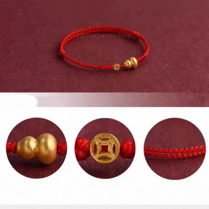 Mount Putuo Blessed Gold-Plated Gourd & Coin Wealth-Attracting Bracelet | 3 Colors Optional, Adjustable Drawstring, High-Density Braided Cotton Rope-LuckyCharms.Shop