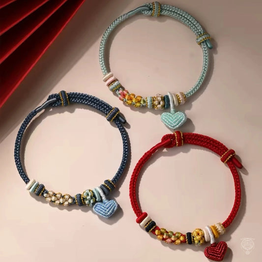 Handmade Peach Blossom Knot Braided Bracelet with Heart Charm