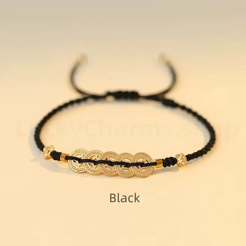 Gold Plated Money Tree & Ancient Chinese Coins Braided Rope Bracelet-LuckyCharms.Shop