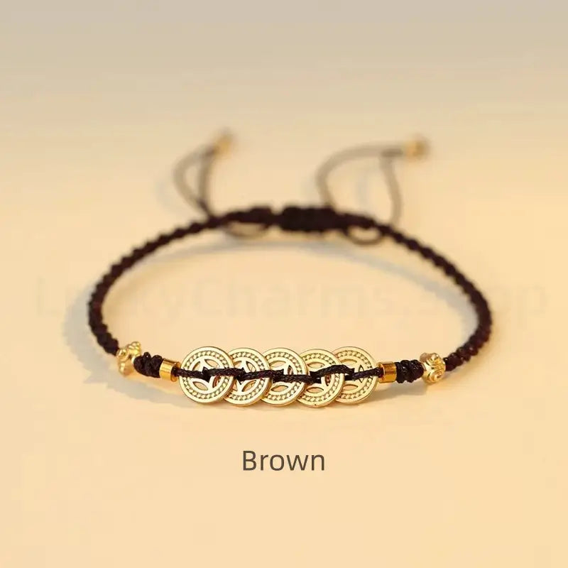 Gold Plated Money Tree & Ancient Chinese Coins Braided Rope Bracelet-LuckyCharms.Shop