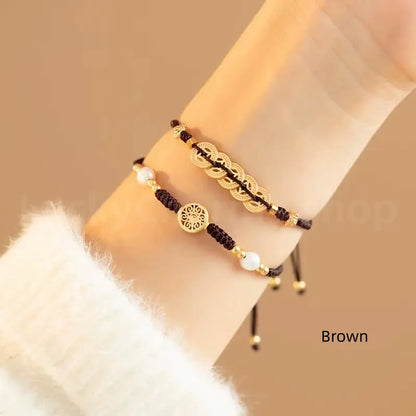 Gold Plated Money Tree & Ancient Chinese Coins Braided Rope Bracelet-LuckyCharms.Shop