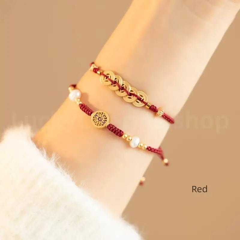Gold Plated Money Tree & Ancient Chinese Coins Braided Rope Bracelet-LuckyCharms.Shop