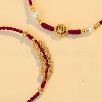 Gold Plated Money Tree & Ancient Chinese Coins Braided Rope Bracelet-LuckyCharms.Shop