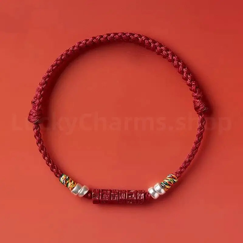 Natural Cinnabar Six-Syllable Mantra Oṃ Maṇi Padme Hūṃ Braided Rope Bracelet-LuckyCharms.Shop
