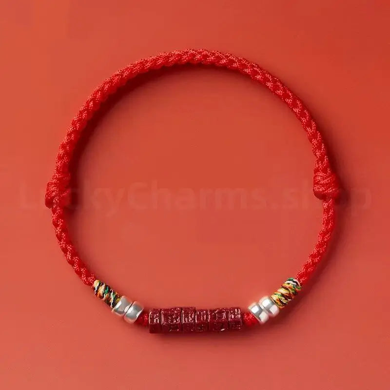 Natural Cinnabar Six-Syllable Mantra Oṃ Maṇi Padme Hūṃ Braided Rope Bracelet-LuckyCharms.Shop