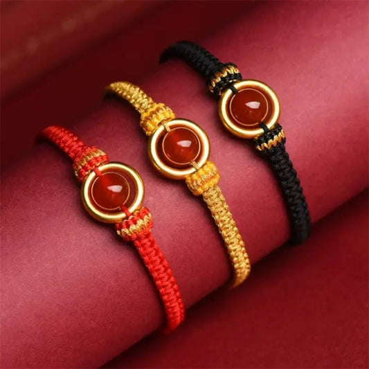 Bracelet de la paix plaqué or béni du Mont Putuo | Perles de fortune en agate rouge, cordon ajustable à nœud Vajra