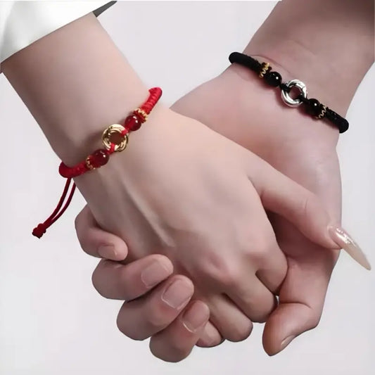 Bracelet de couple en argent 999 plaqué or avec boucle « Paix » | Perle porte-bonheur en agate, cadeau idéal pour la Saint-Valentin ou un anniversaire.