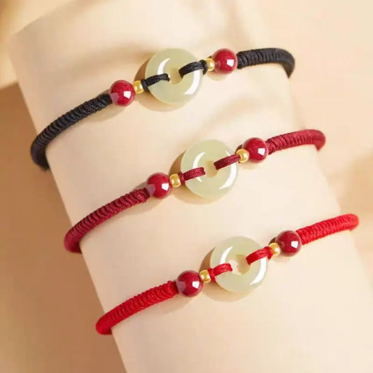 Bracelet en jade Hetian béni du Mont Putuo avec boucle de paix et cinabre | Perles plaquées argent 14 carats