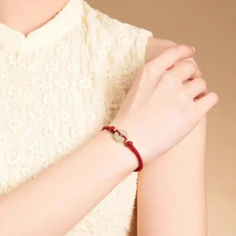 普陀山 祝福された和田翡翠 平和バックル 辰砂ブレスレット | 14K シルバーメッキビーズ