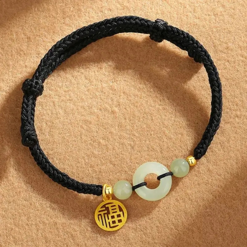 Natural Hetian Jade Peace Buckle Couple Bracelet | Gold-Plated Blessing Pendant, Hetian Jade Beads