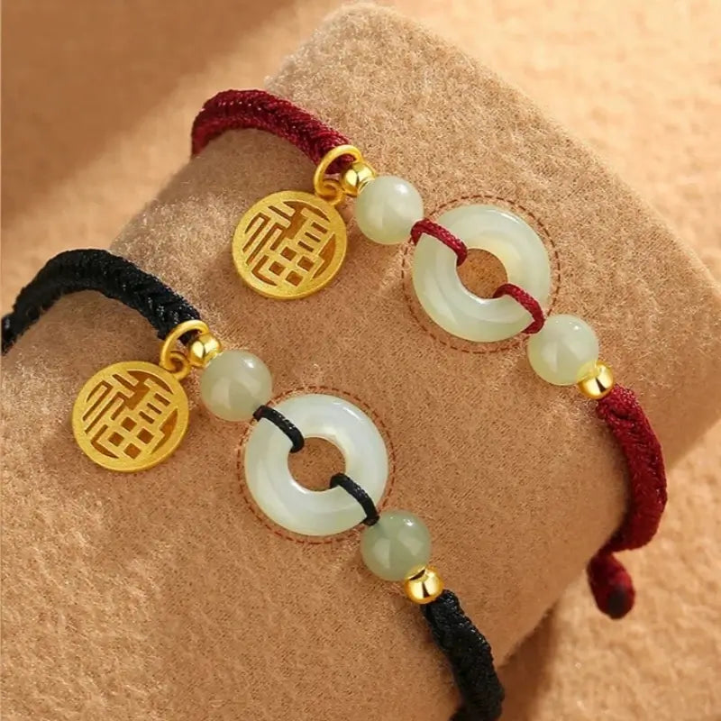 Natural Hetian Jade Peace Buckle Couple Bracelet | Gold-Plated Blessing Pendant, Hetian Jade Beads
