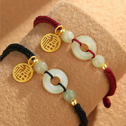 Natural Hetian Jade Peace Buckle Couple Bracelet | Gold-Plated Blessing Pendant, Hetian Jade Beads