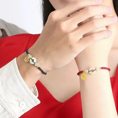 Natural Hetian Jade Peace Buckle Couple Bracelet | Gold-Plated Blessing Pendant, Hetian Jade Beads