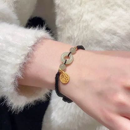Natural Hetian Jade Peace Buckle Couple Bracelet | Gold-Plated Blessing Pendant, Hetian Jade Beads