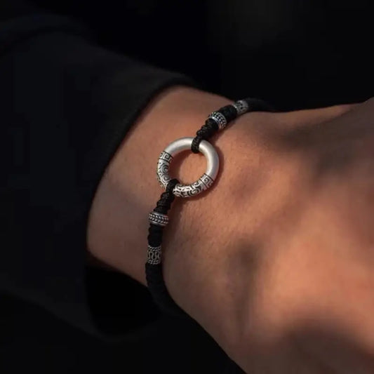 Le Revers Cosmique - Bracelet Talisman de Protection Assorti pour Couples "Huiwen" en Argent Pur 999 de 18mm, Boucle de Paix, Luxe Signature