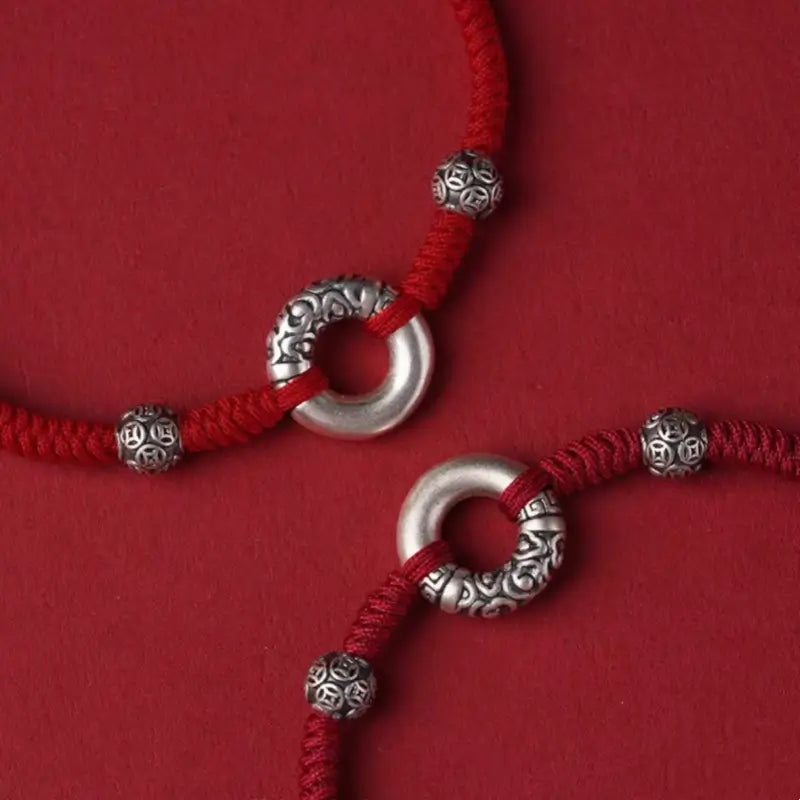 999 Fine Silver Peace Buckle & Silver Coin Fortune Bead Bracelet | Zodiac Year Couple Gift