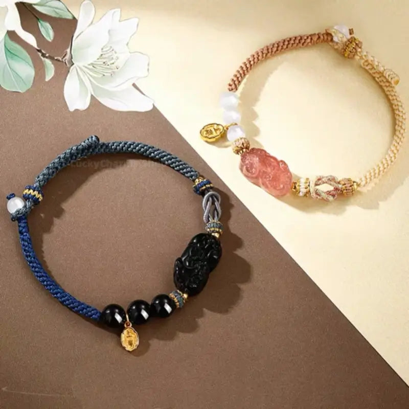 Black Agate & Rose Quartz Pixiu Love Knot Couple Bracelets | 925 Silver Gold-Plated Shang'an Charm, Natural Gemstone Jewelry-LuckyCharms.Shop