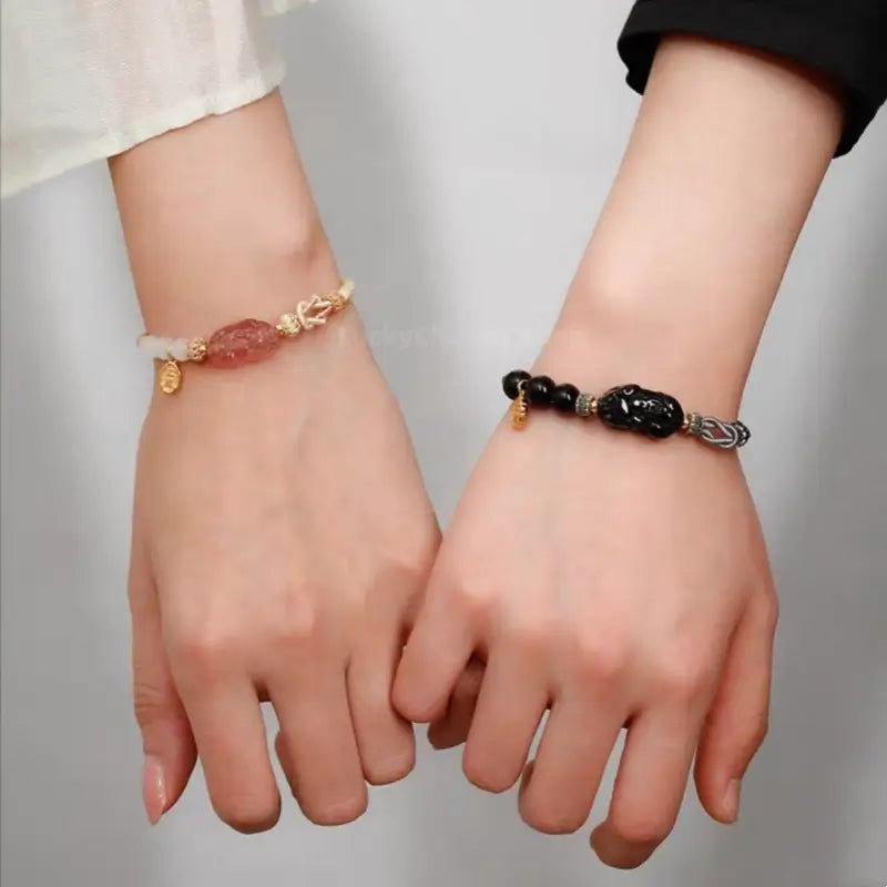Black Agate & Rose Quartz Pixiu Love Knot Couple Bracelets | 925 Silver Gold-Plated Shang'an Charm, Natural Gemstone Jewelry-LuckyCharms.Shop