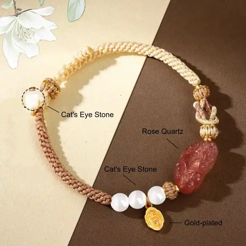 Black Agate & Rose Quartz Pixiu Love Knot Couple Bracelets | 925 Silver Gold-Plated Shang'an Charm, Natural Gemstone Jewelry-LuckyCharms.Shop