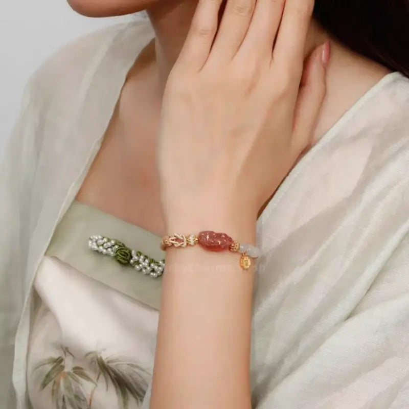 Black Agate & Rose Quartz Pixiu Love Knot Couple Bracelets | 925 Silver Gold-Plated Shang'an Charm, Natural Gemstone Jewelry-LuckyCharms.Shop