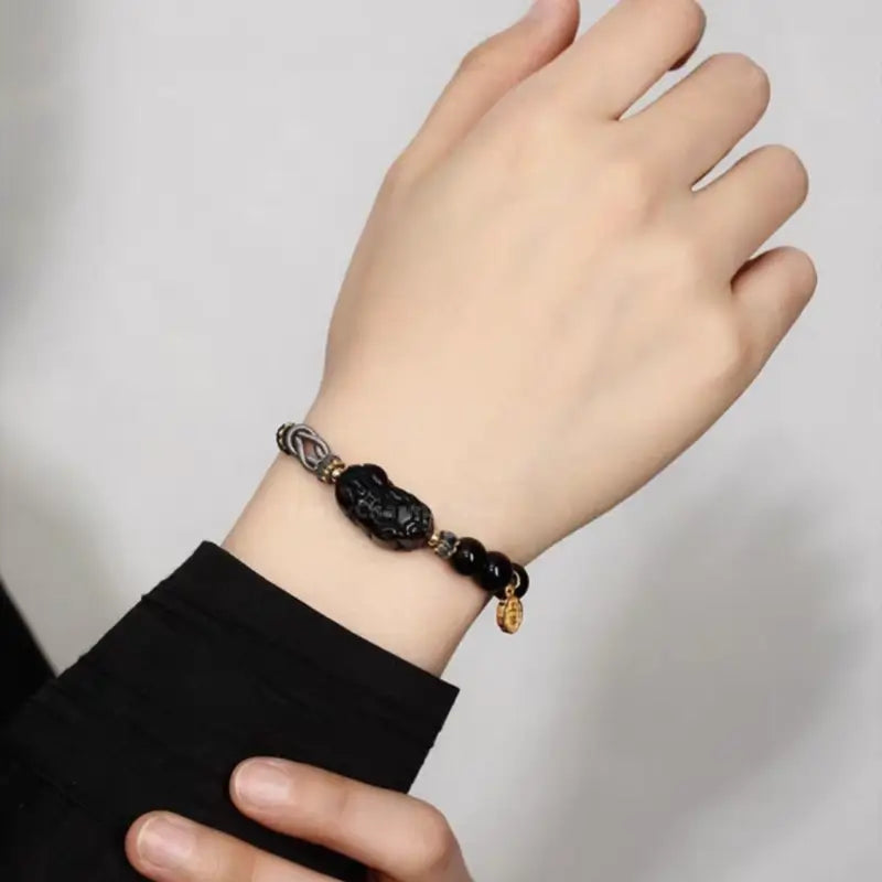 Black Agate & Rose Quartz Pixiu Love Knot Couple Bracelets | 925 Silver Gold-Plated Shang'an Charm, Natural Gemstone Jewelry-LuckyCharms.Shop