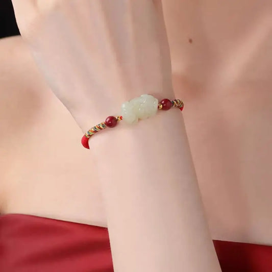 Hetian Jade Pixiu Couple Bracelets | Wealth-Attracting, Cinnabar Lucky Beads, Adjustable Drawstring, Red & Black-LuckyCharms.Shop